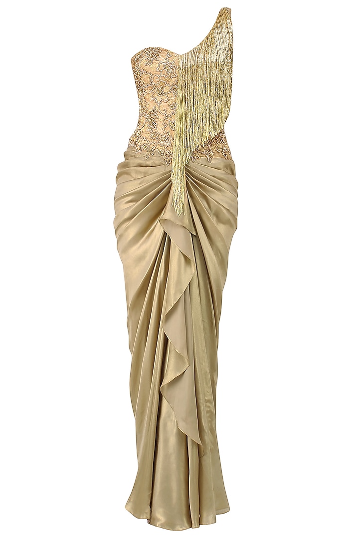 Gold Floral Work and Tassel Fringes One Shoulder Gown by Sonaakshi Raaj