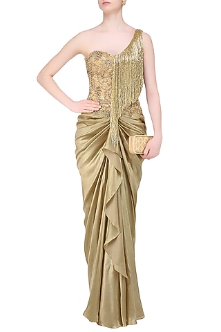 Gold Floral Work and Tassel Fringes One Shoulder Gown by Sonaakshi Raaj