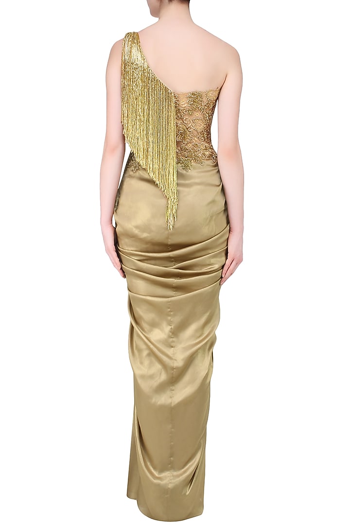 Gold floral work and tassel fringes one shoulder gown available only at Pernia's Pop Up Shop.