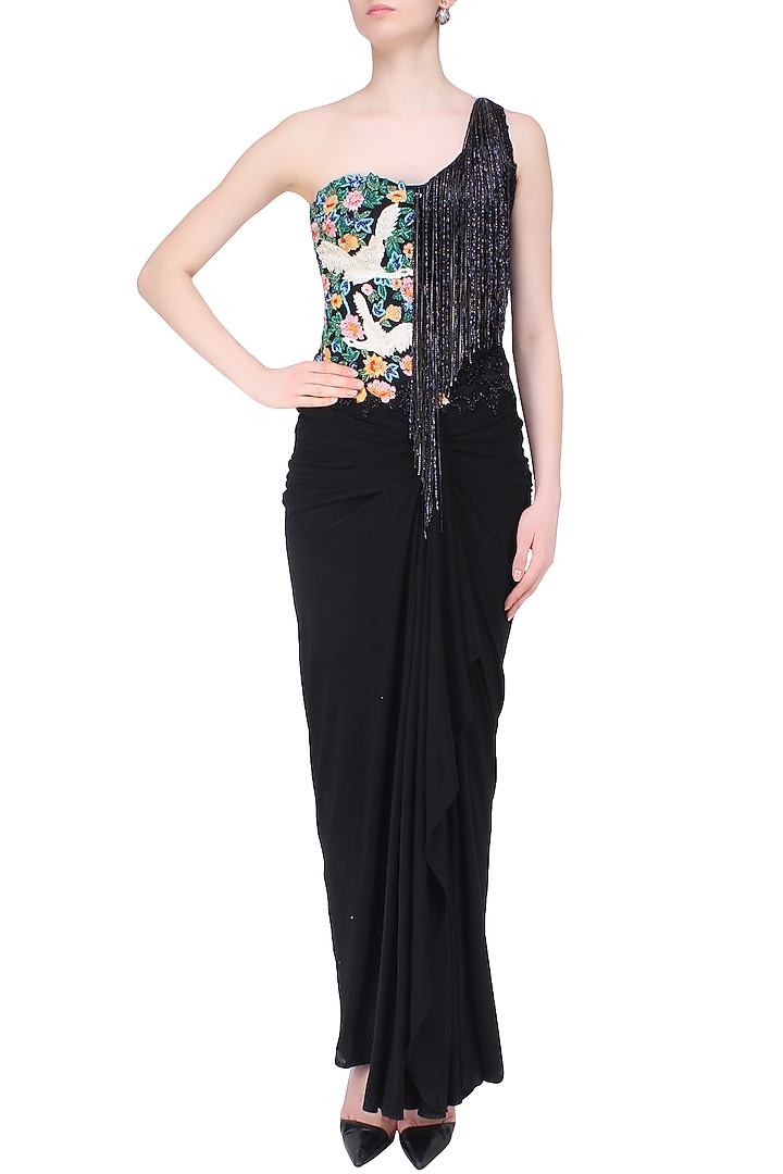 Grey and black floral work and tassel fringes one shoulder gown available only at Pernia's Pop Up Shop.
