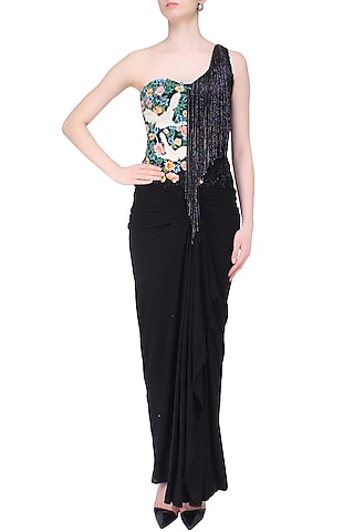 Grey and Black Floral Work and Tassel Fringes One Shoulder Gown by Sonaakshi Raaj