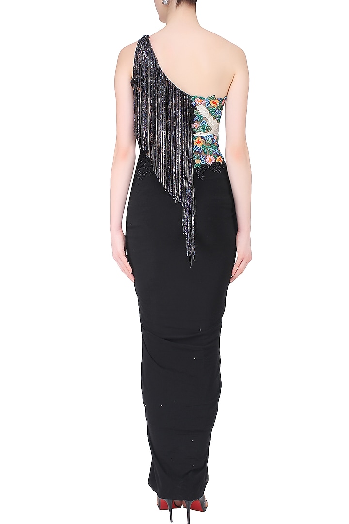 Grey and black floral work and tassel fringes one shoulder gown available only at Pernia's Pop Up Shop.