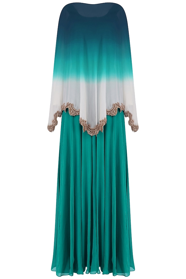Teal Green Straight Gown and Beads Embroidered Cape Set by Sonaakshi Raaj