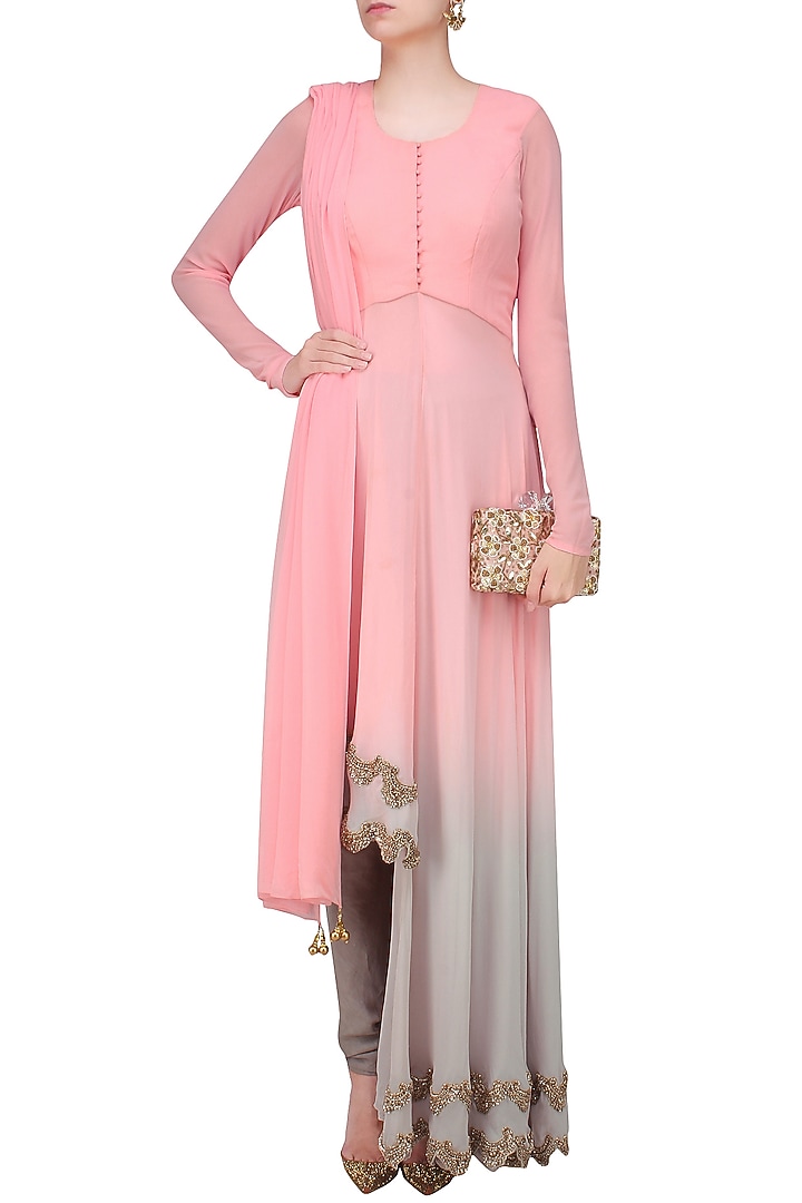 Blush pink and grey embroidered high low anarakli suit set available only at Pernia's Pop Up Shop.