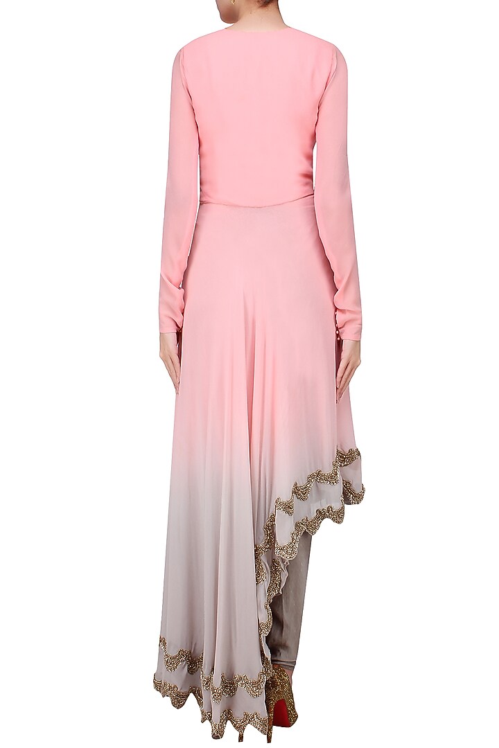 Blush pink and grey embroidered high low anarakli suit set available only at Pernia's Pop Up Shop.