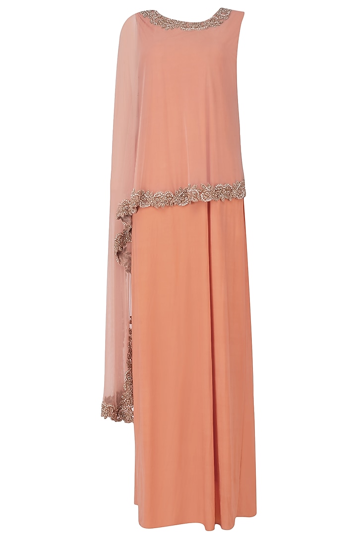 Pink Straight Gown and Beads Embroidered Cape Set by Sonaakshi Raaj
