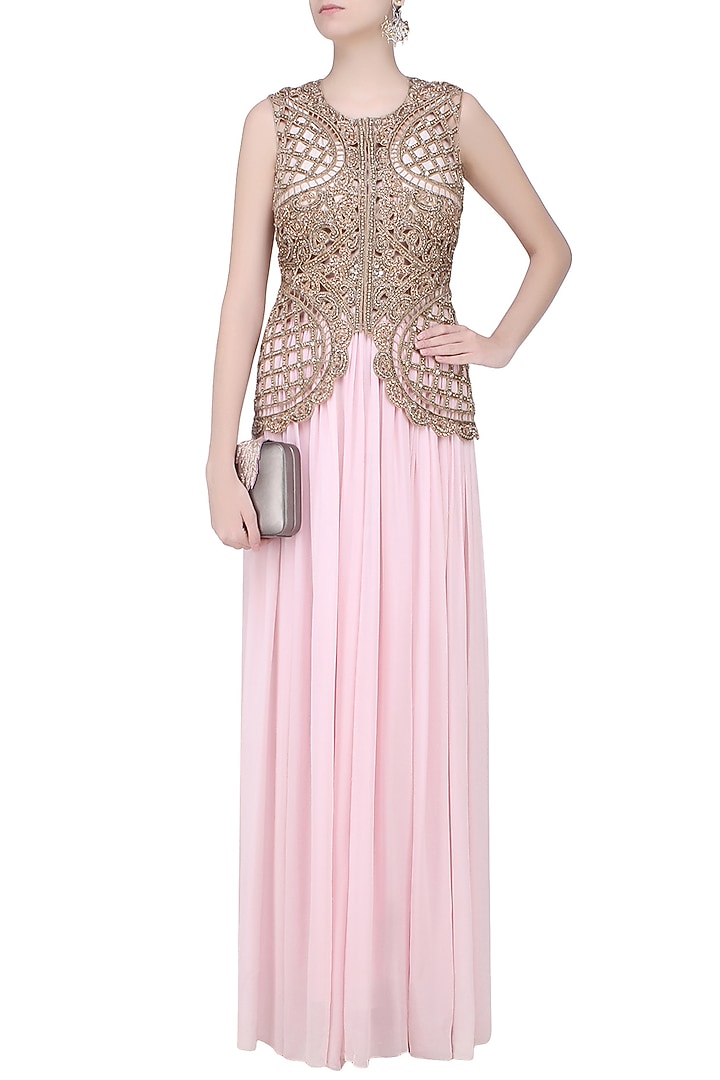 Baby pink cutwork pearl embroidered palazzo jumpsuit available only at Pernia's Pop Up Shop.