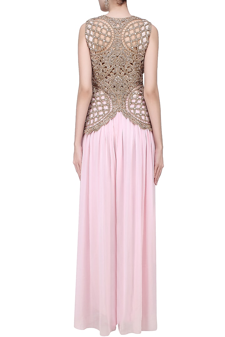 Baby pink cutwork pearl embroidered palazzo jumpsuit available only at Pernia's Pop Up Shop.