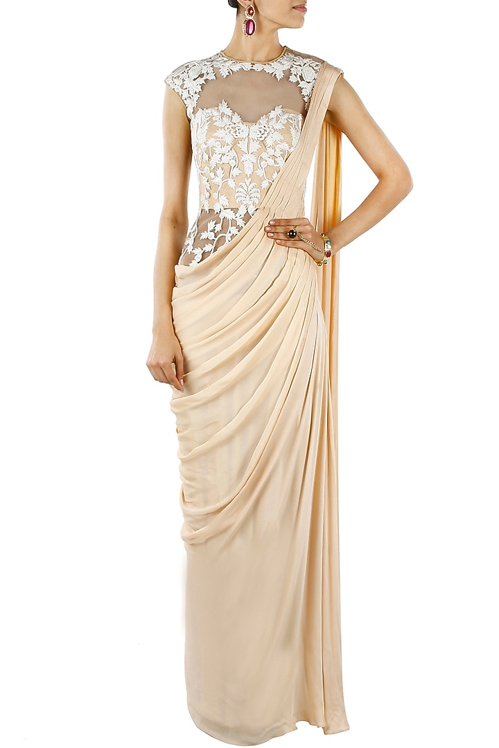 Nude and ivory pre stitched sari-gown available only at Pernia's Pop-Up Shop.