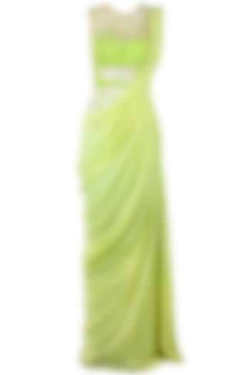 Lime green floral embroidered pre stitched sari-gown by Sonaakshi Raaj