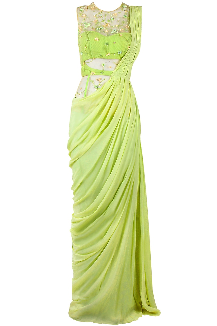 Lime green floral embroidered pre stitched sari-gown by Sonaakshi Raaj