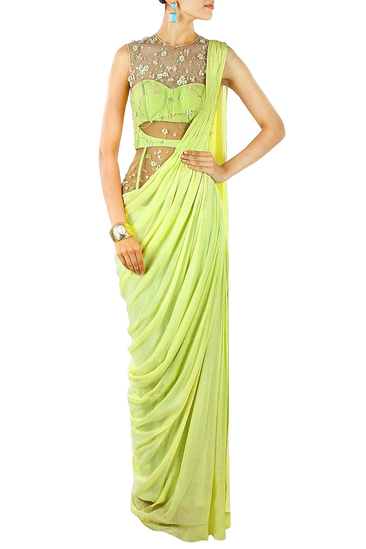 Lime green floral embroidered pre stitched sari-gown available only at Pernia's Pop-Up Shop.