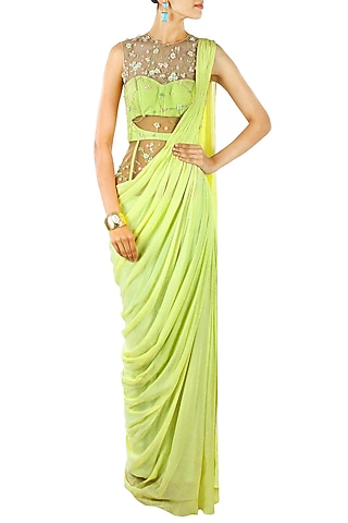Lime green floral embroidered pre stitched sari-gown by Sonaakshi Raaj