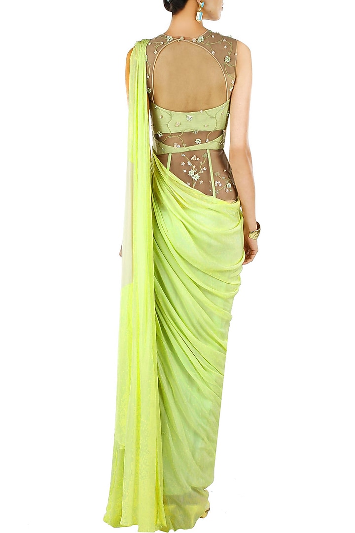 Lime green floral embroidered pre stitched sari-gown available only at Pernia's Pop-Up Shop.