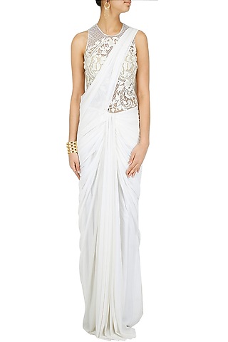 White embroidered fringe pallu pre stitched sari-gown by Sonaakshi Raaj