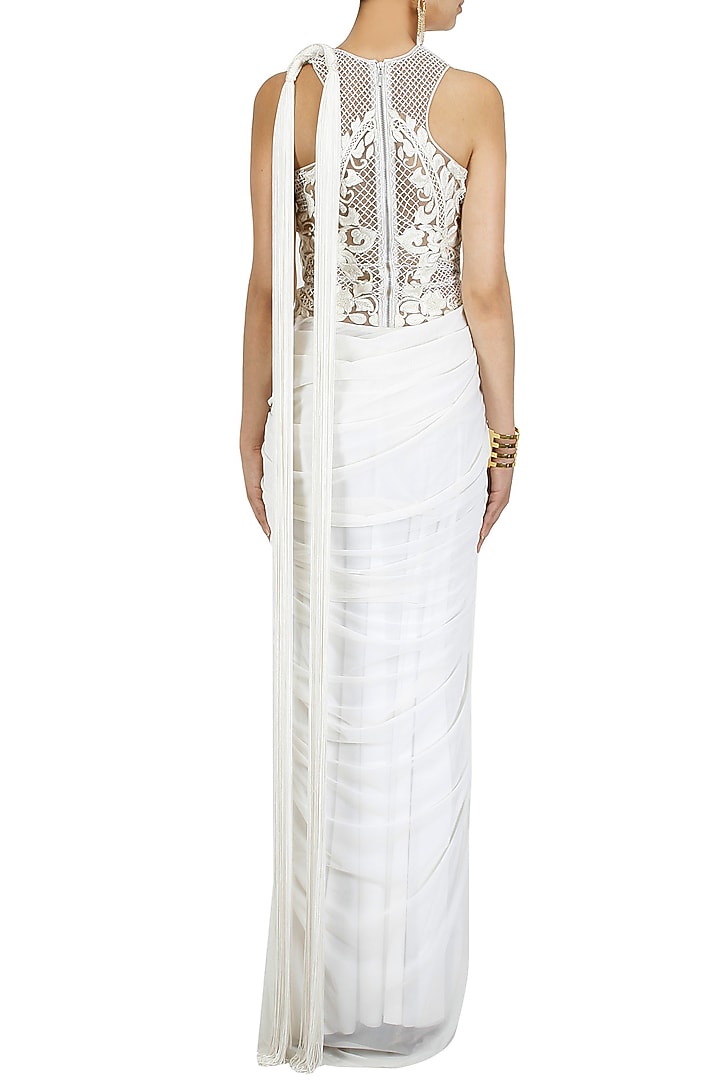 White embroidered fringe pallu pre stitched sari-gown available only at Pernia's Pop-Up Shop.