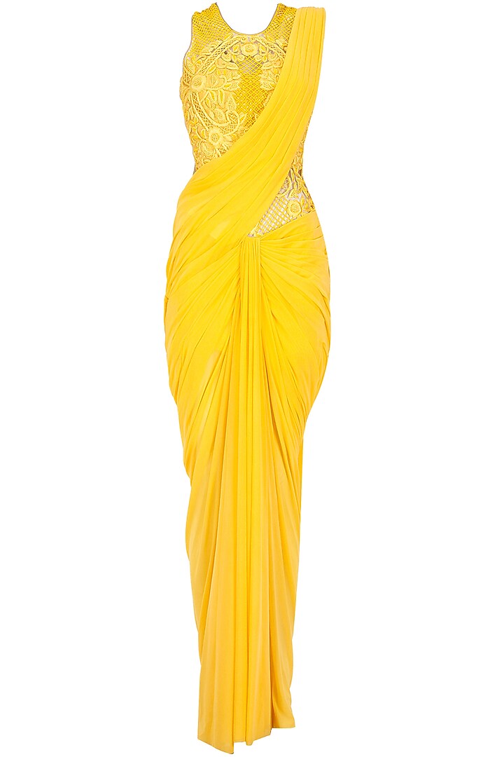 Yellow embroidered cowl drape pre stitched sari-gown by Sonaakshi Raaj