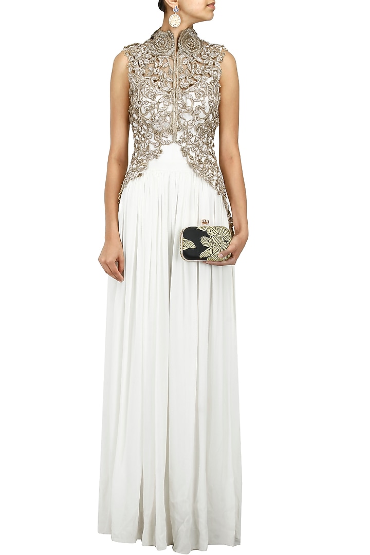 White georgette palazzo jumpsuit available only at Pernia's Pop-Up Shop.