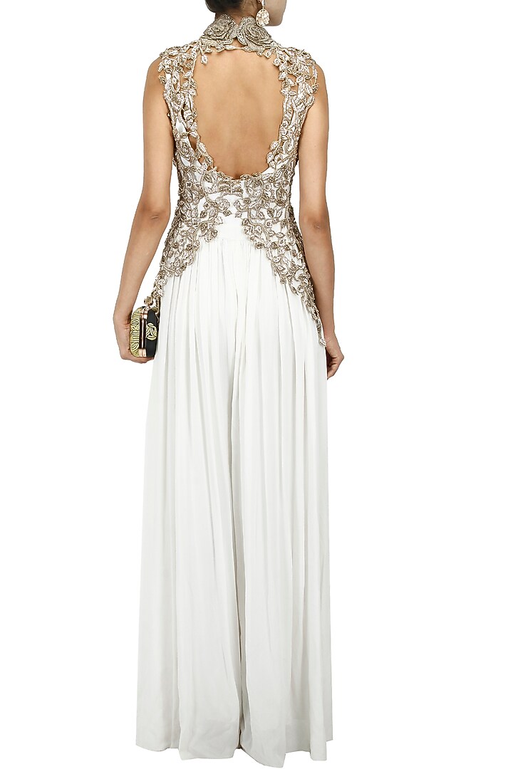 White georgette palazzo jumpsuit available only at Pernia's Pop-Up Shop.