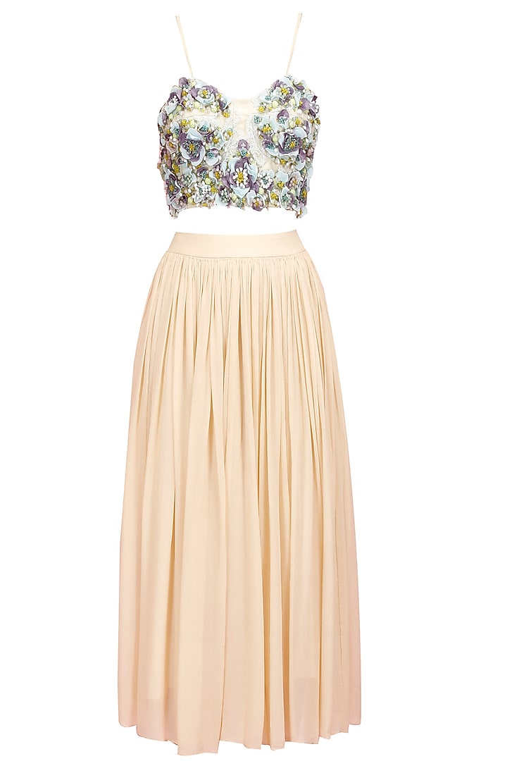 Multicolour floral embroidered bustier with peach flared skirt available only at Pernia's Pop-Up Shop.