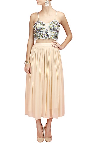 Multicolour floral embroidered bustier with peach flared skirt by Sonaakshi Raaj