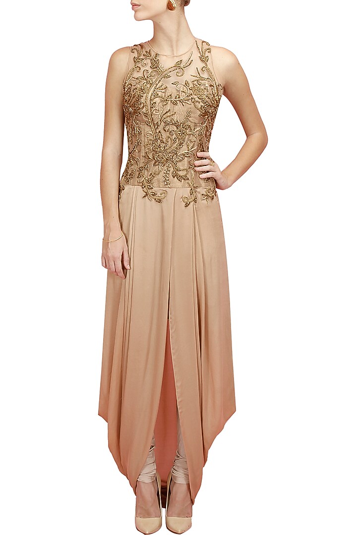Gold embroidered pre stitch dhoti gown with churidaar available only at Pernia's Pop-Up Shop.