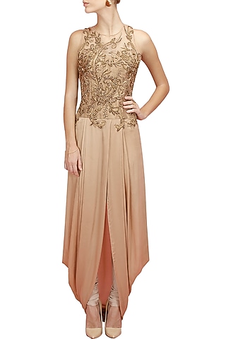 Gold embroidered pre stitch dhoti gown with churidaar by Sonaakshi Raaj