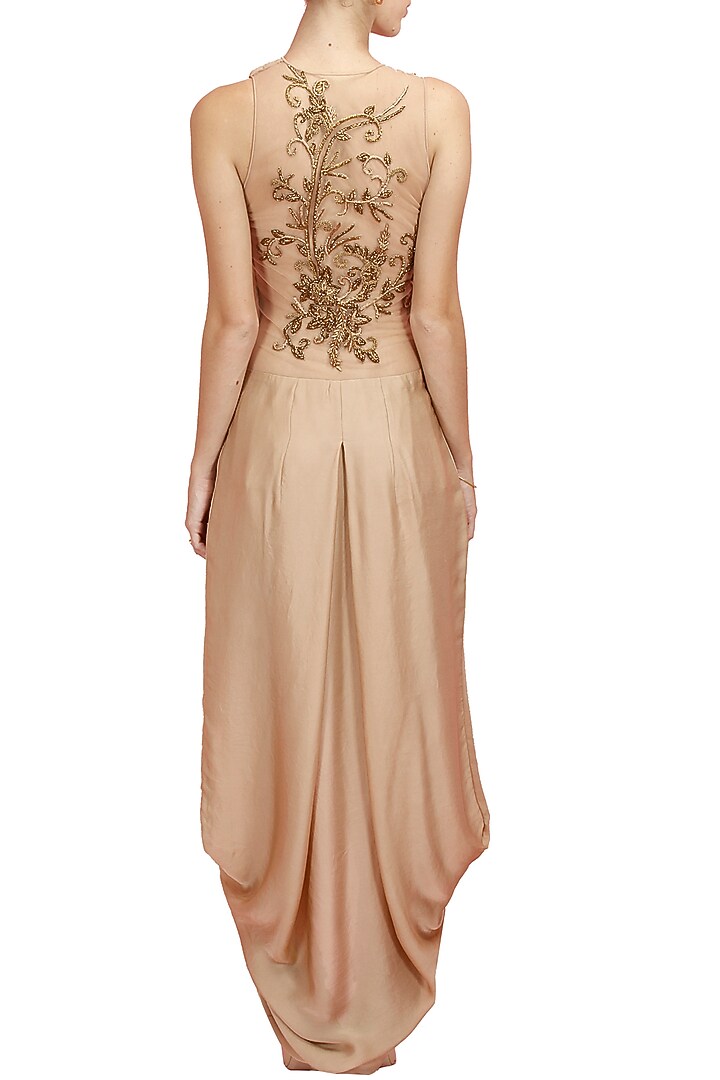 Gold embroidered pre stitch dhoti gown with churidaar available only at Pernia's Pop-Up Shop.