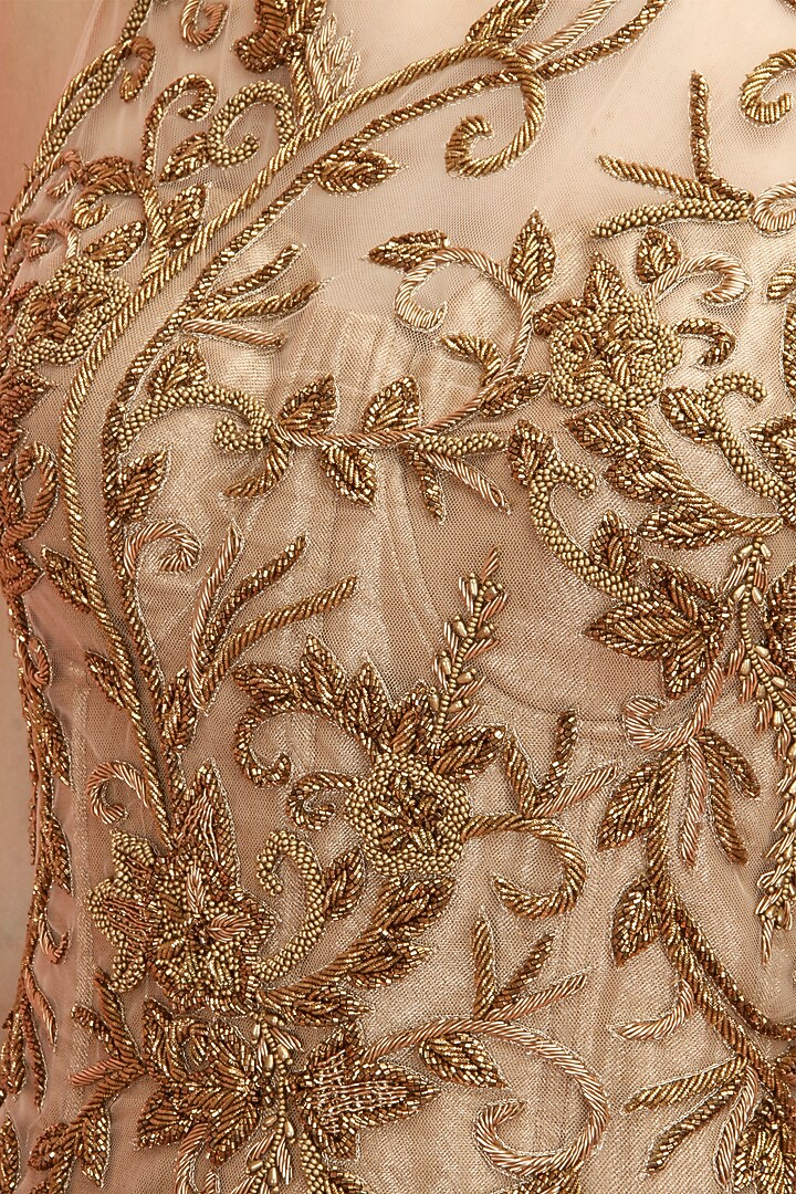 Gold embroidered pre stitch dhoti gown with churidaar available only at Pernia's Pop-Up Shop.