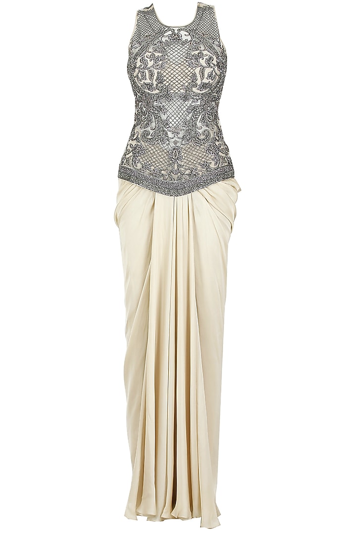 Gunmetal embroidered sheer corset with cowl drape grey skirt available only at Pernia's Pop-Up Shop.