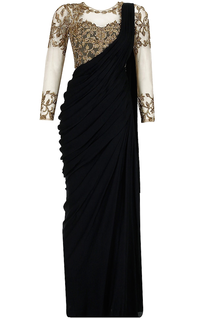 Black antique gold embroidered pre stitched sari-gown by Sonaakshi Raaj
