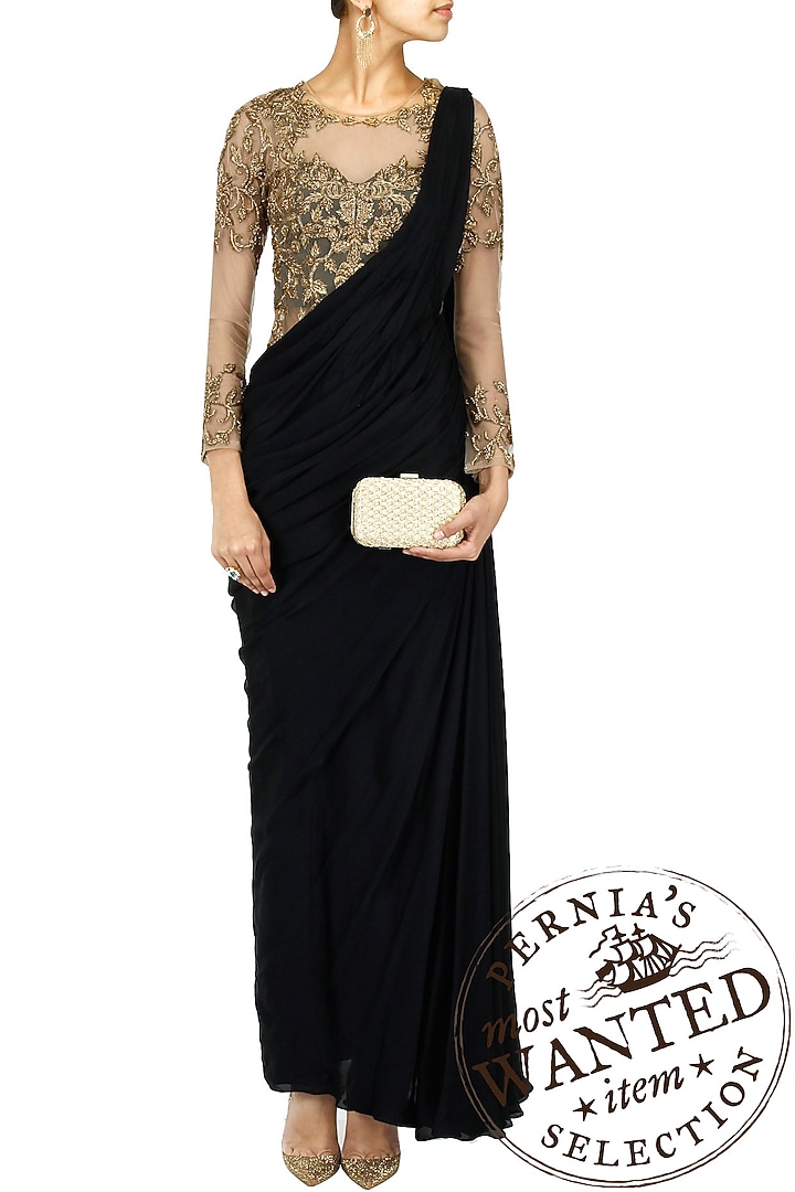 Black antique gold embroidered pre stitched sari-gown available only at Pernia's Pop-Up Shop.