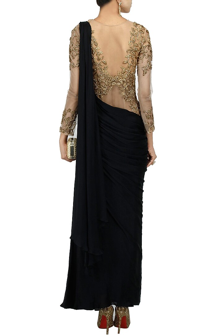 Black antique gold embroidered pre stitched sari-gown available only at Pernia's Pop-Up Shop.