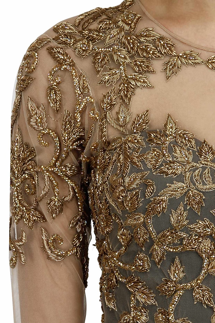 Black antique gold embroidered pre stitched sari-gown available only at Pernia's Pop-Up Shop.
