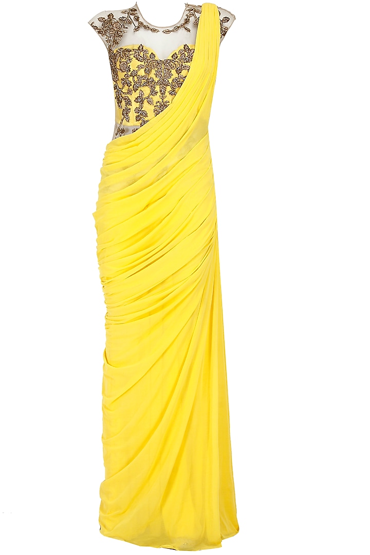 Yellow gold embroidered pre stitched sari-gown by Sonaakshi Raaj