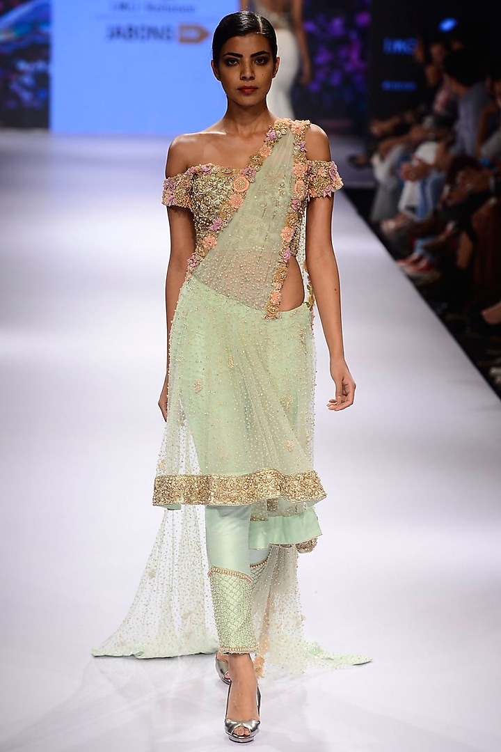 Mint green floral applique work pants sari set by Sonaakshi Raaj