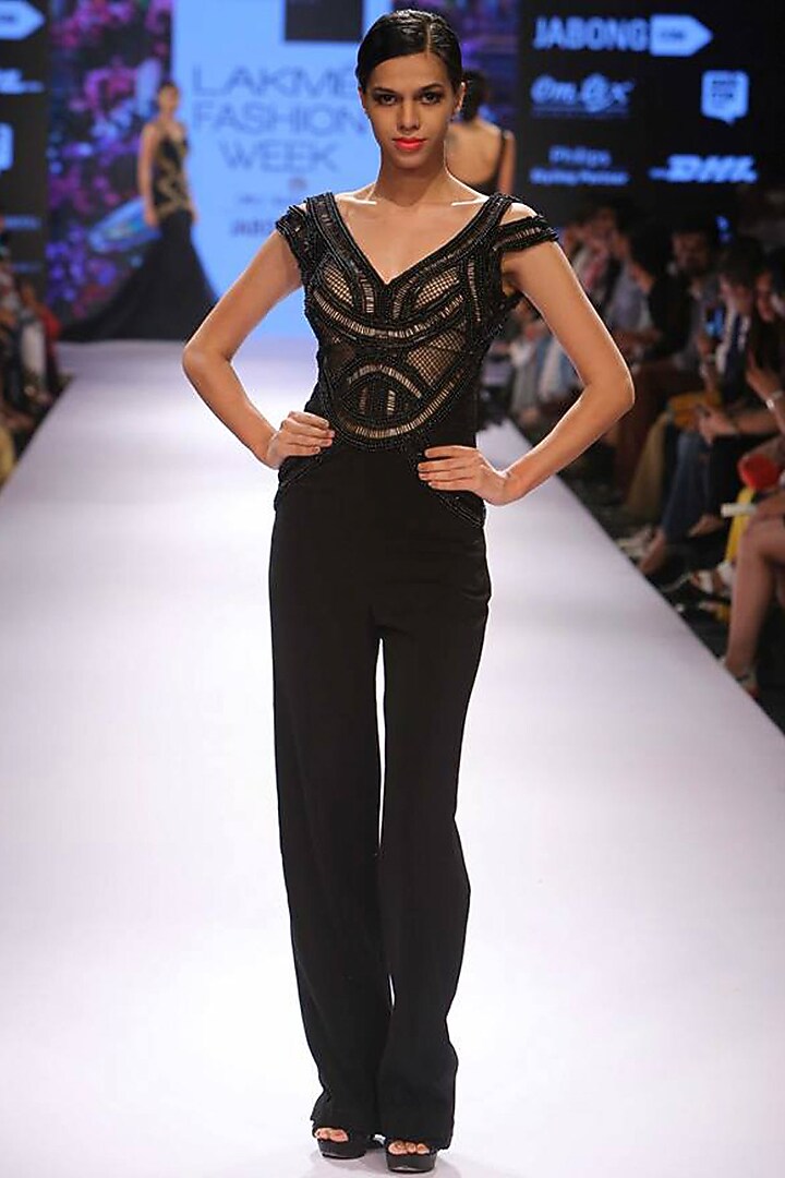 Black beadwork jumpsuit available only at Pernia's Pop Up Shop.
