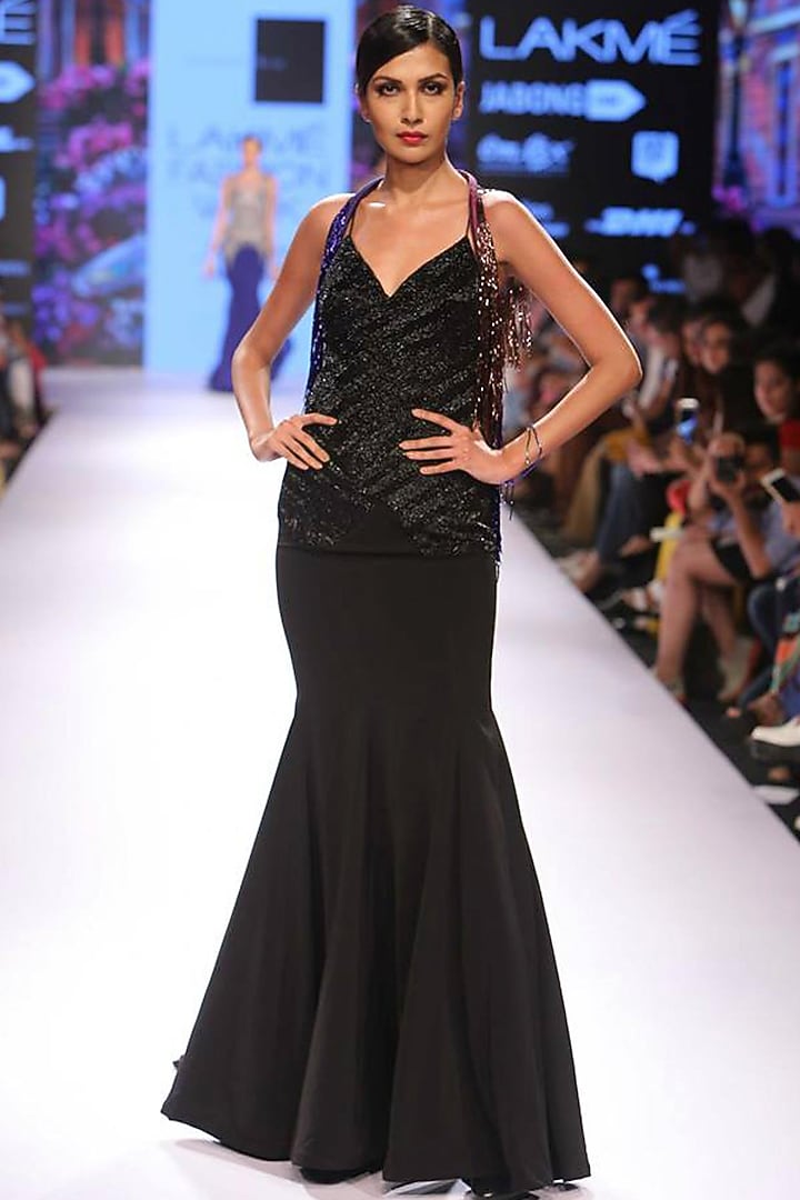 Black beaded gown with ombre tassel jacket available only at Pernia's Pop Up Shop.