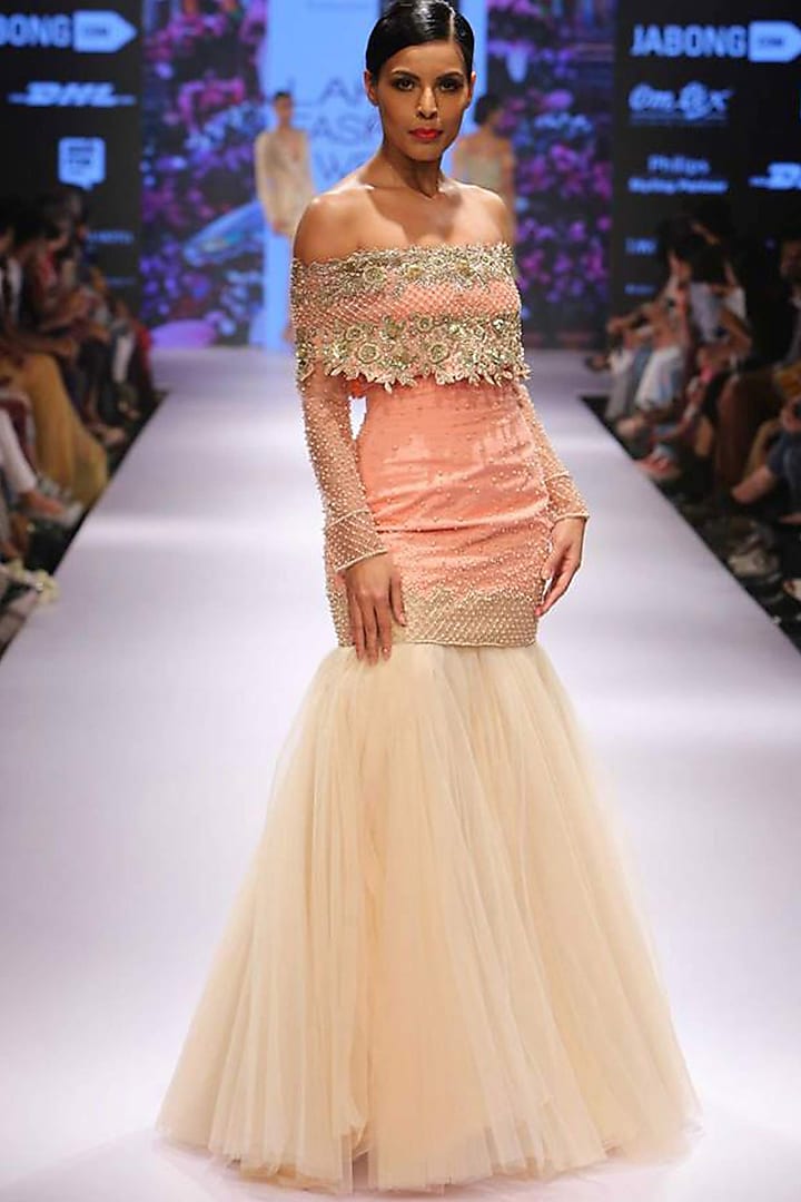 Peach off shoulder zardosi sharara gown by Sonaakshi Raaj