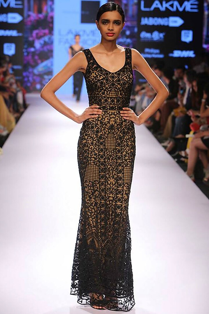 Black and nude embroidered gown by Sonaakshi Raaj