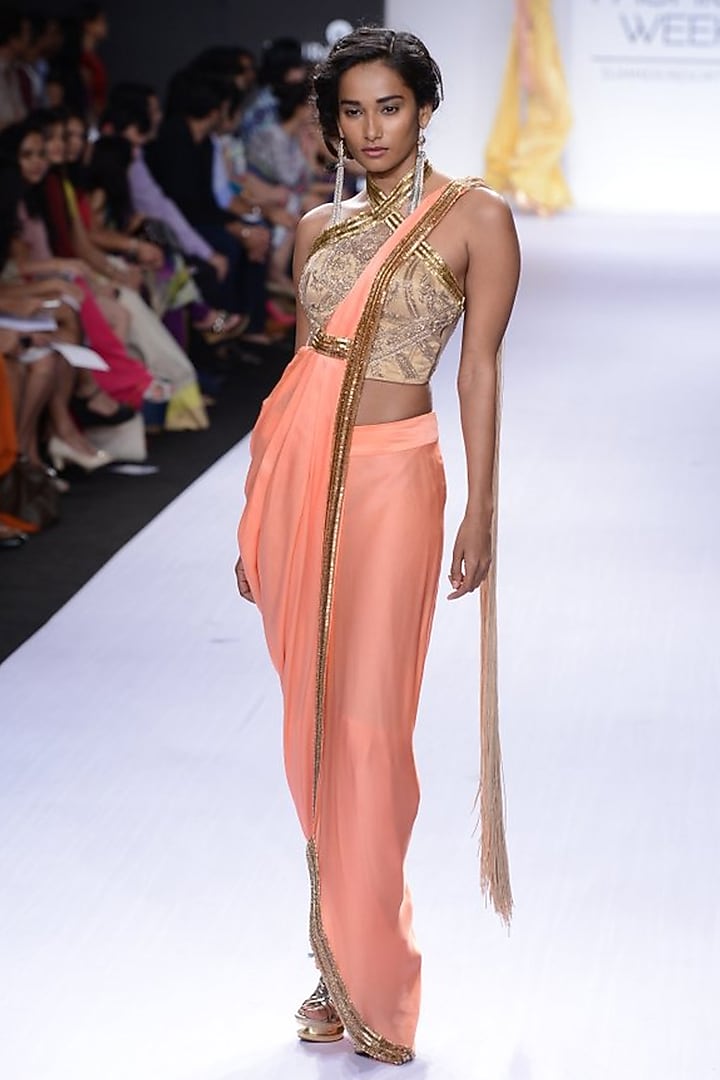 Coral and gold egyptian embroidery pant-sari available only at Pernia's Pop-Up Shop.