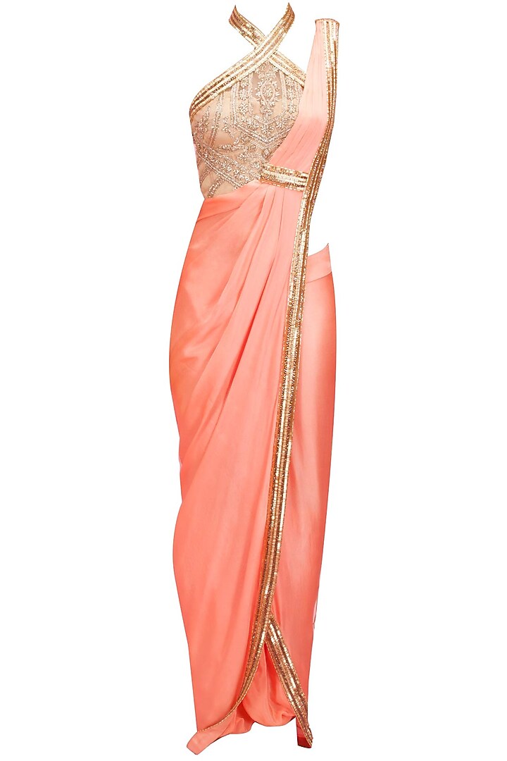 Coral and gold egyptian embroidery pant-sari available only at Pernia's Pop-Up Shop.