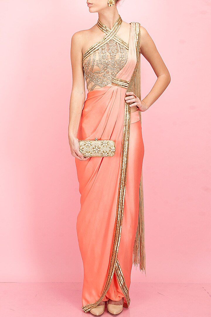 Coral and gold egyptian embroidery pant-sari available only at Pernia's Pop-Up Shop.