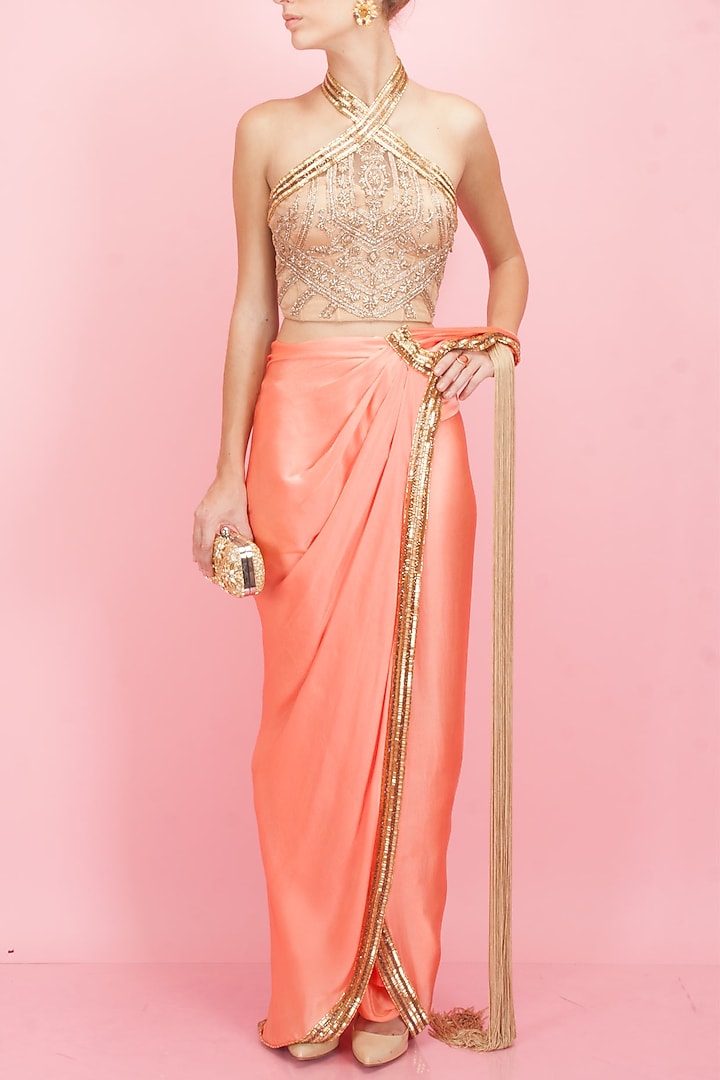 Coral and gold egyptian embroidery pant-sari available only at Pernia's Pop-Up Shop.