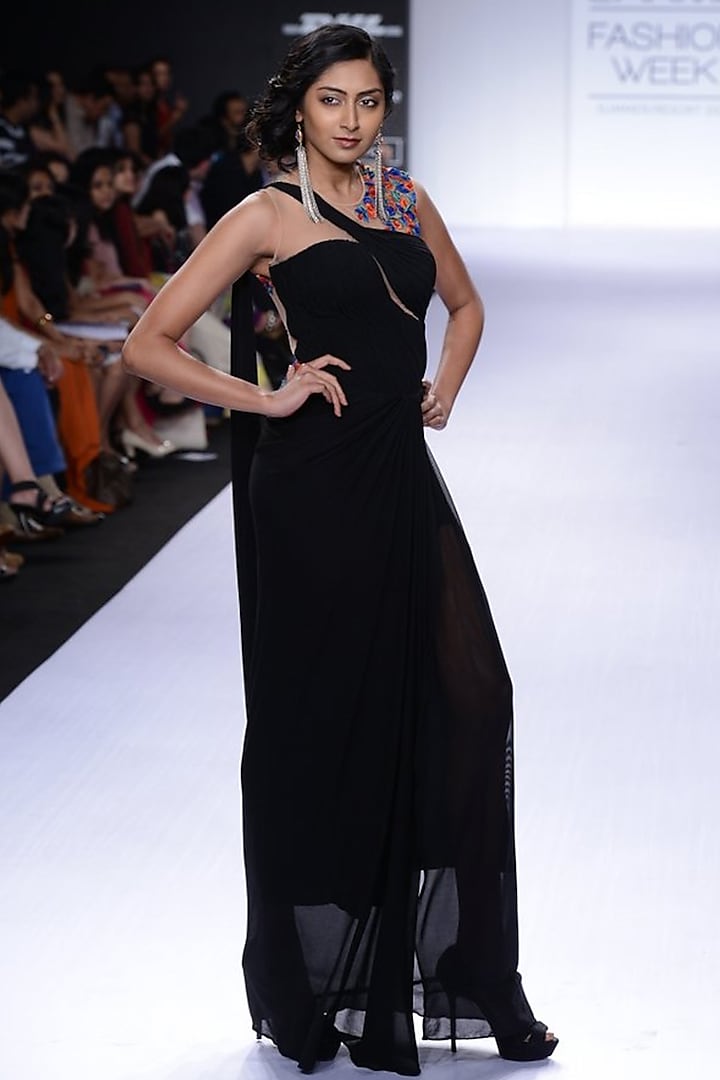 Black sari-gown with multicolour embroidery by Sonaakshi Raaj