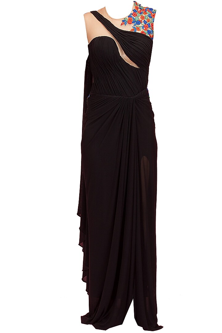 Black sari-gown with multicolour embroidery available only at Pernia's Pop-Up Shop.