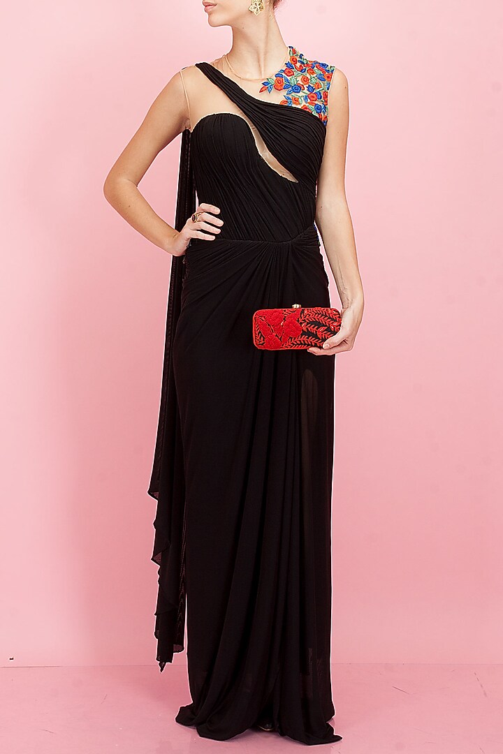 Black sari-gown with multicolour embroidery available only at Pernia's Pop-Up Shop.