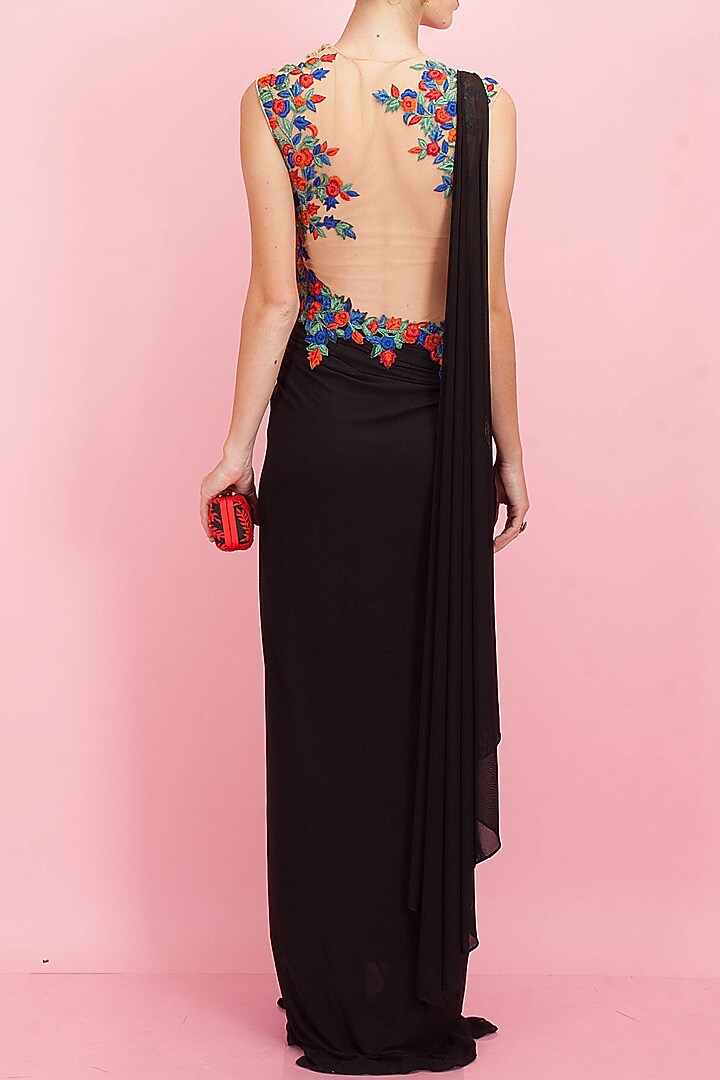 Black sari-gown with multicolour embroidery available only at Pernia's Pop-Up Shop.