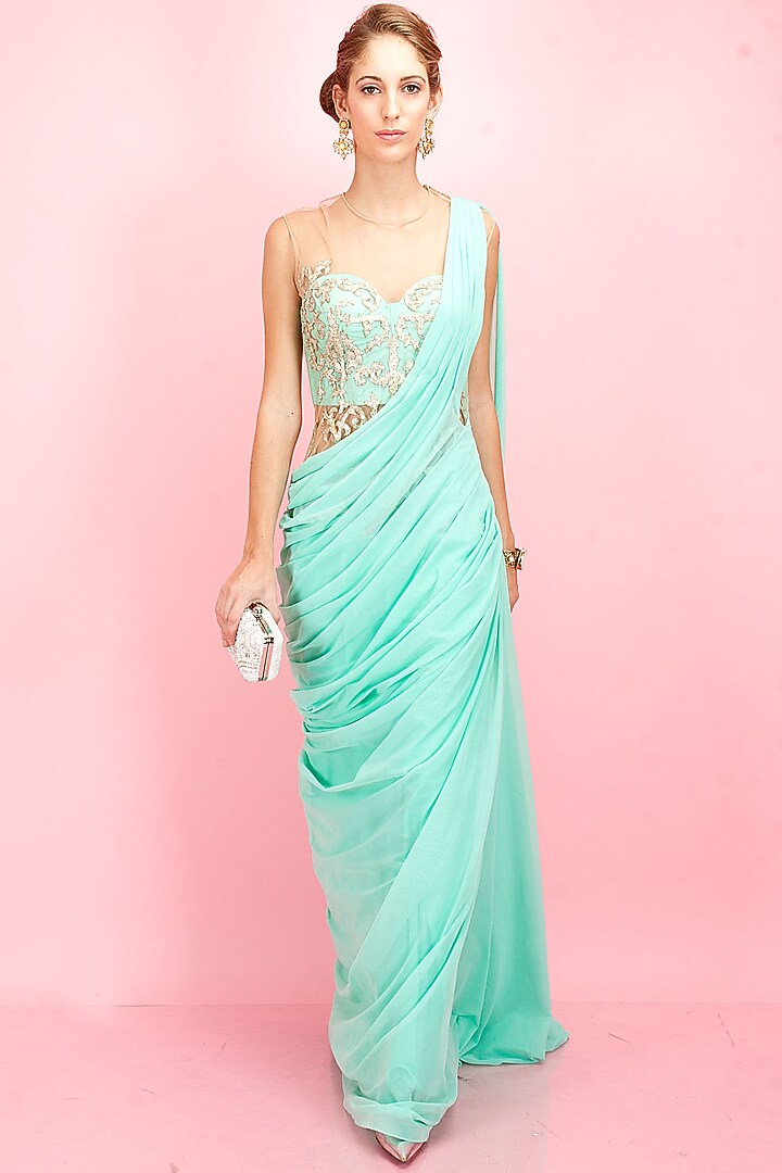Turquoise embroidered sari-gown available only at Pernia's Pop-Up Shop.