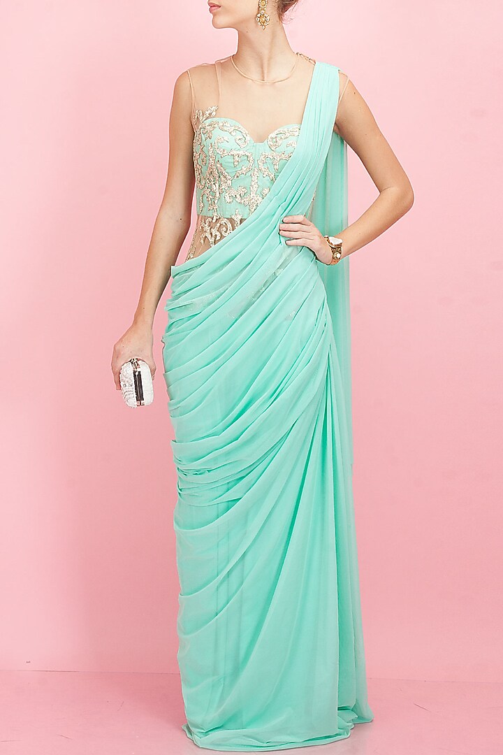 Turquoise embroidered sari-gown available only at Pernia's Pop-Up Shop.